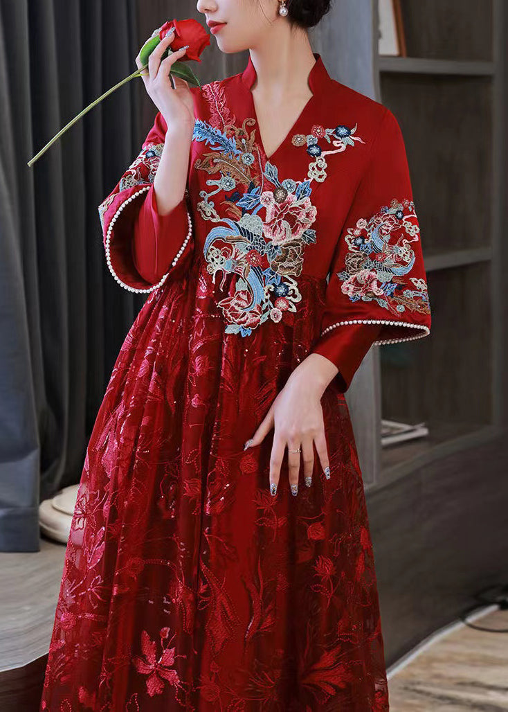 Elegant Red Embroidered Patchwork Lace Long Dress Spring