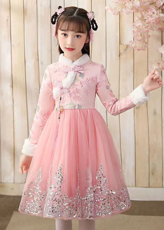 Elegant Red Fur Collar Sequins Patchwork Button Tulle Girls Long Dress Winter