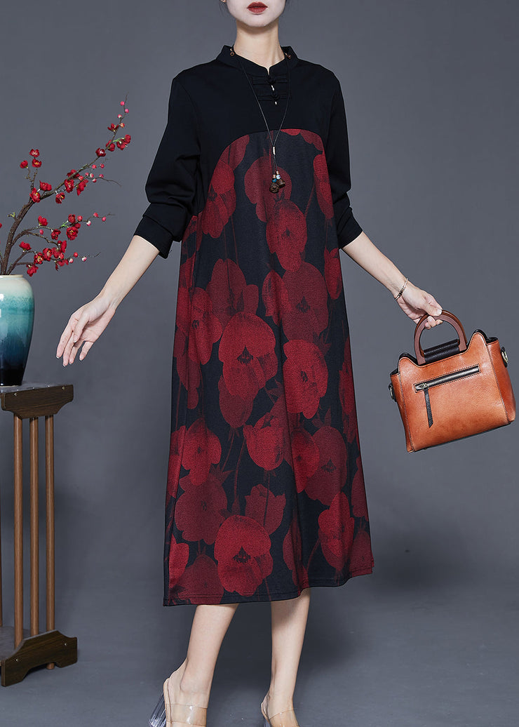 Elegant Red Mandarin Collar Print Cotton Holiday Dress Spring