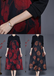 Elegant Red Mandarin Collar Print Cotton Holiday Dress Spring