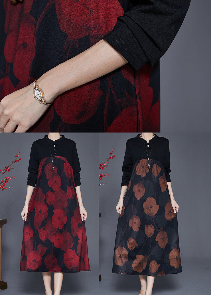 Elegant Red Mandarin Collar Print Cotton Holiday Dress Spring