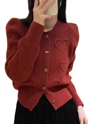 Elegant Red O Neck Button Knit Cardigan Fall