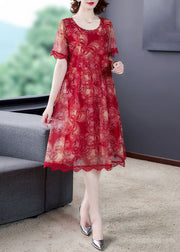 Elegant Red O Neck Print Lace Tulle Dress Summer