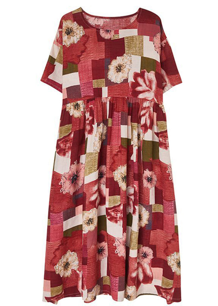 Elegant Red Oversized Print Pockets Cotton A Line Dress Summer