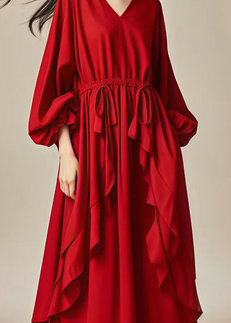 Elegant Red Oversized Ruffles Drawstring Cotton Dresses Lantern Sleeve