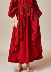 Elegant Red Oversized Ruffles Drawstring Cotton Dresses Lantern Sleeve