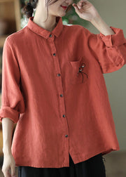 Elegant Red Peter Pan Collar Embroideried Button Linen Shirt Long Sleeve