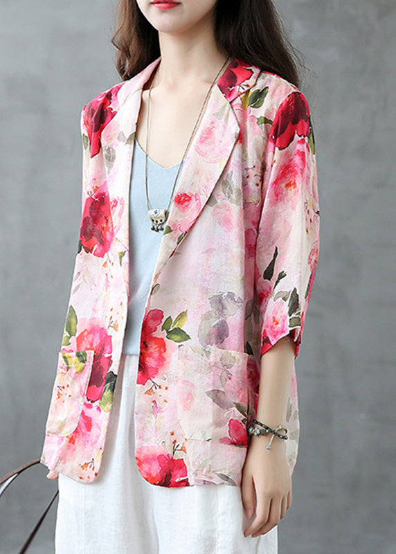 Elegant Red Peter Pan Collar Print Button Linen Coats Summer