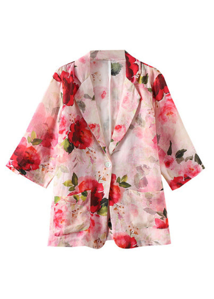 Elegant Red Peter Pan Collar Print Button Linen Coats Summer