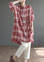 Elegant Red Plaid Peter Pan Collar Linen Blouses Spring