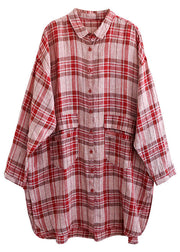 Elegant Red Plaid Peter Pan Collar Linen Blouses Spring