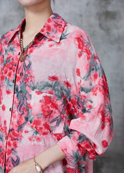 Elegant Red Plum Blossom Print Cotton Shirt Top Spring