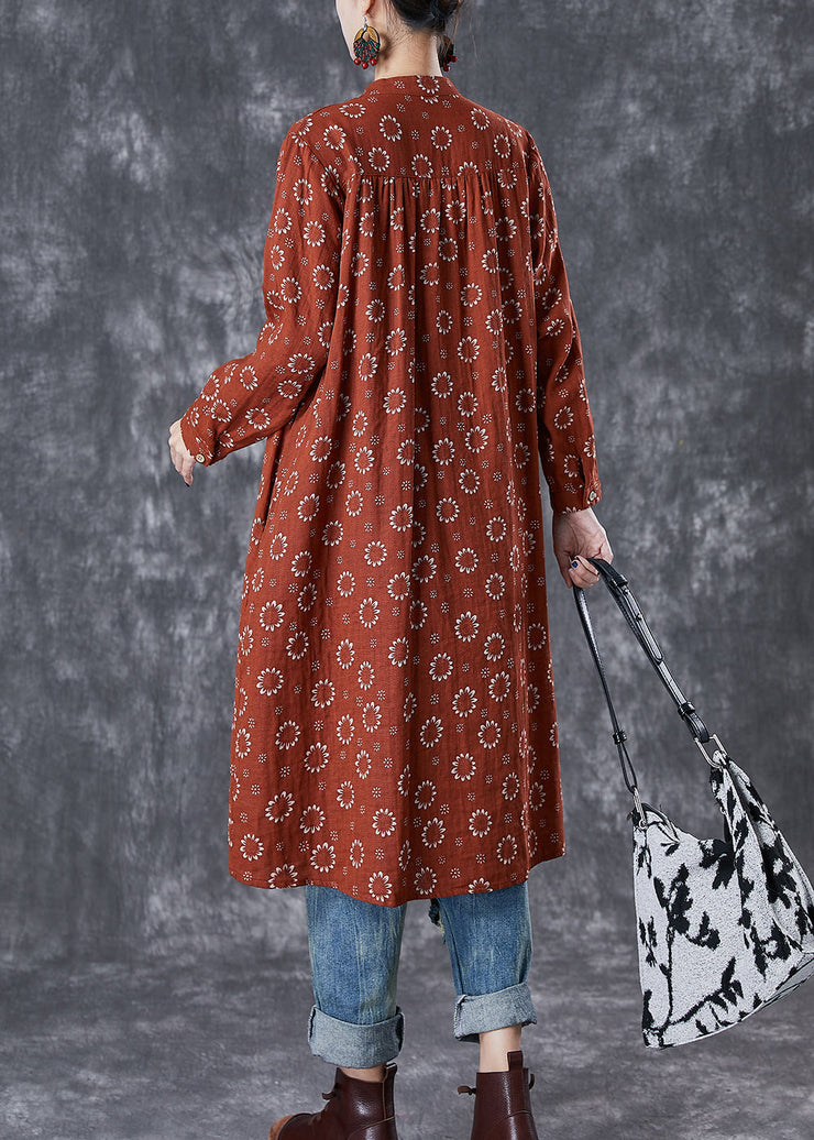 Elegant Red Print Cotton Shirt Dress Fall