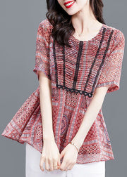 Elegant Red Print Wrinkled Chiffon Blouse Top Summer