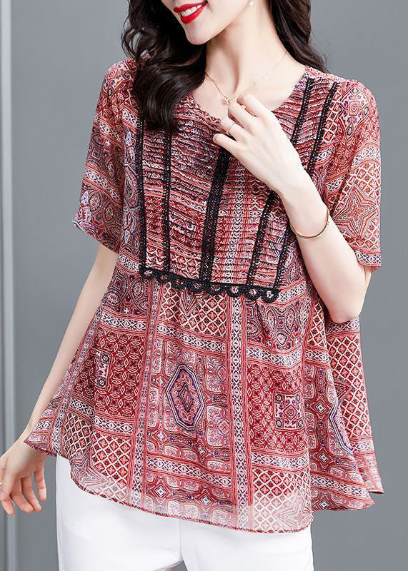 Elegant Red Print Wrinkled Chiffon Blouse Top Summer