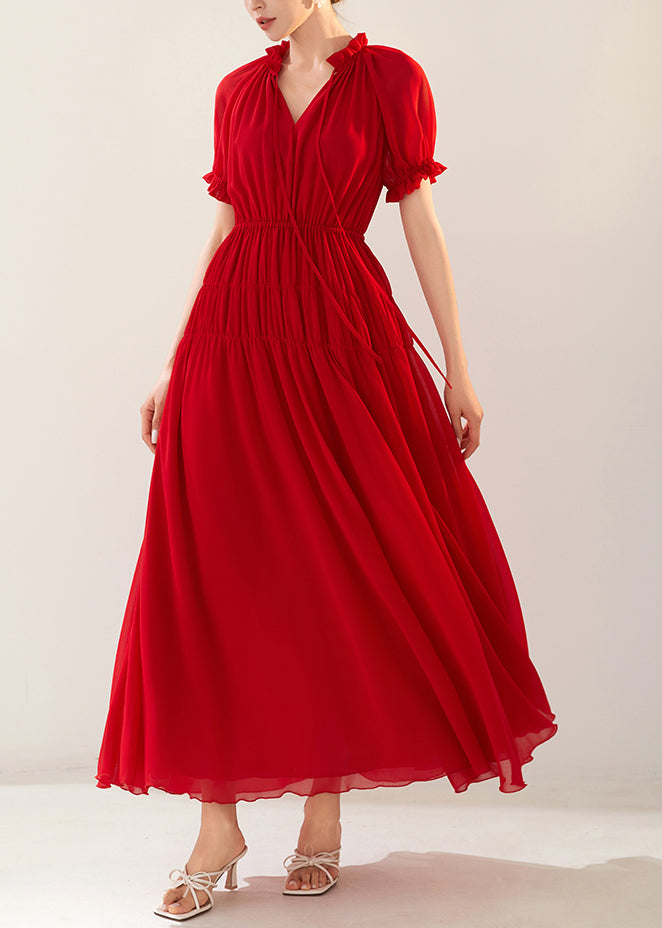 Elegant Red Ruffled Elastic Waist Chiffon Long Dresses Summer