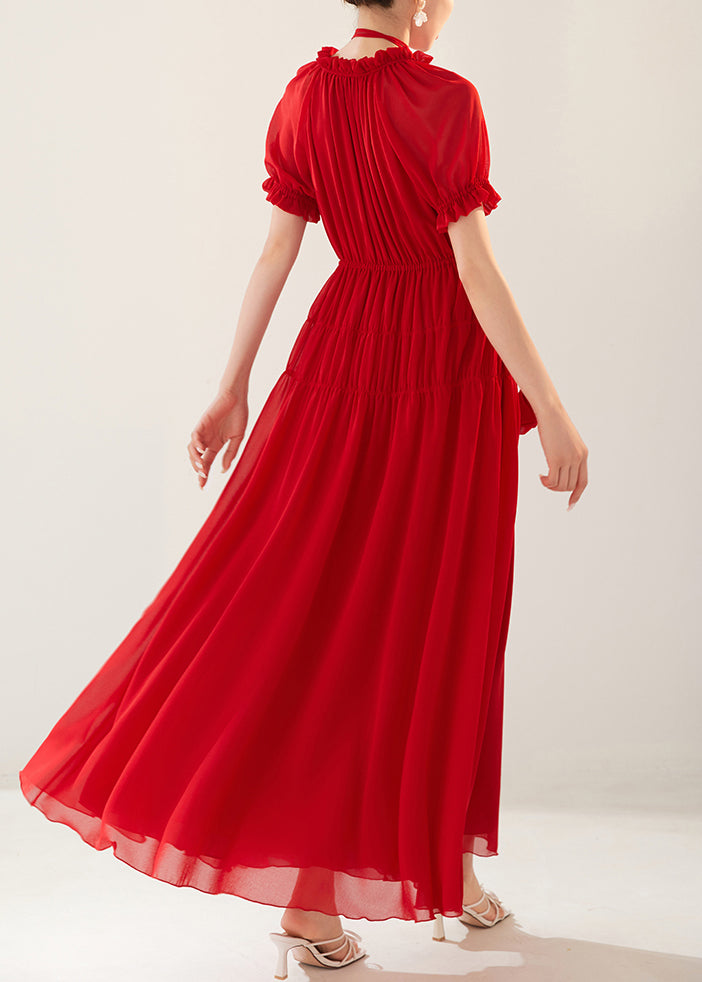 Elegant Red Ruffled Elastic Waist Chiffon Long Dresses Summer