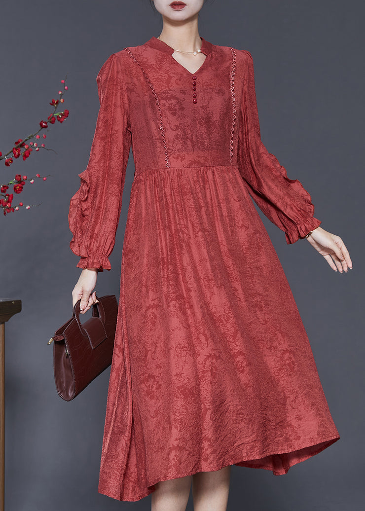 Elegant Red Ruffled Jacquard Cotton Robe Dresses Spring