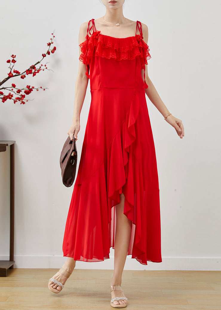 Elegant Red Ruffled Side Open Chiffon Cami Dresses Summer