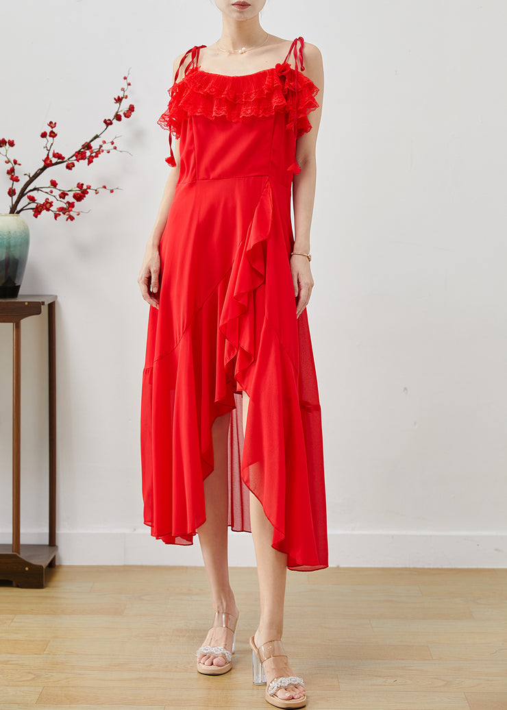 Elegant Red Ruffled Side Open Chiffon Cami Dresses Summer