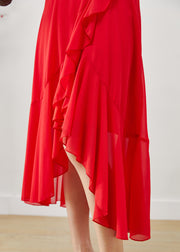 Elegant Red Ruffled Side Open Chiffon Cami Dresses Summer