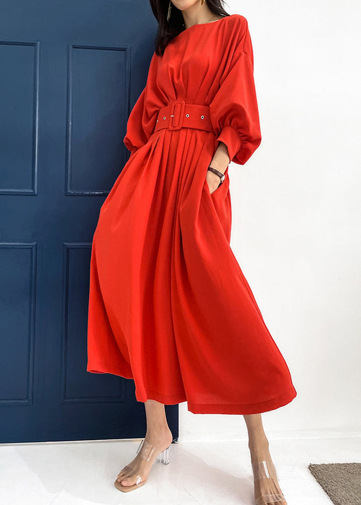 Elegant Red Slash Neck Pockets Sashes Silk Vacation Pleated Dresses Batwing Sleeve