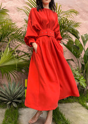 Elegant Red Slash Neck Pockets Sashes Silk Vacation Pleated Dresses Batwing Sleeve