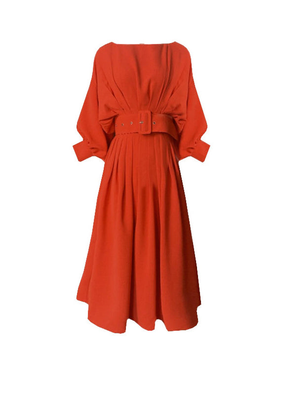 Elegant Red Slash Neck Pockets Sashes Silk Vacation Pleated Dresses Batwing Sleeve