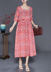 Elegant Red Square Collar Ruffled Print Robe Dresses Half Sleeve