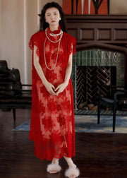 Elegant Red Stand Collar Hollow Out Lace Maxi Dresses Short Sleeve