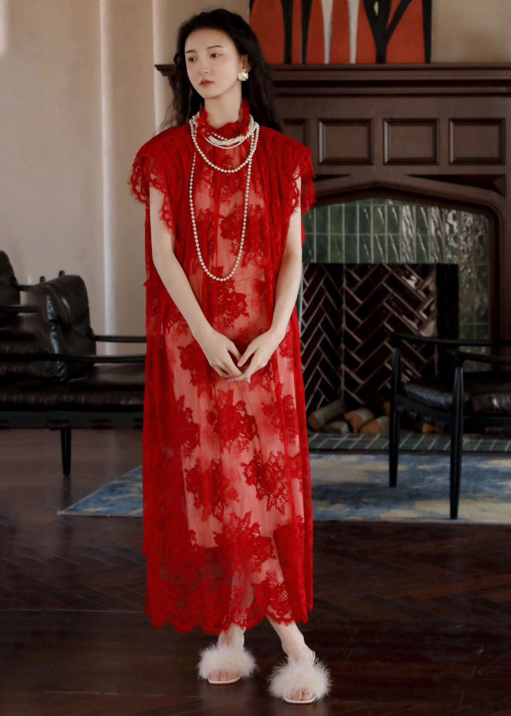 Elegant Red Stand Collar Hollow Out Lace Maxi Dresses Short Sleeve