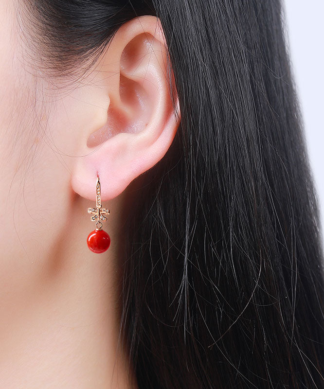 Elegant Red Sterling Silver Overgild Zircon Butterfly Ball Drop Earrings