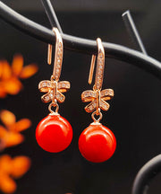 Elegant Red Sterling Silver Overgild Zircon Butterfly Ball Drop Earrings