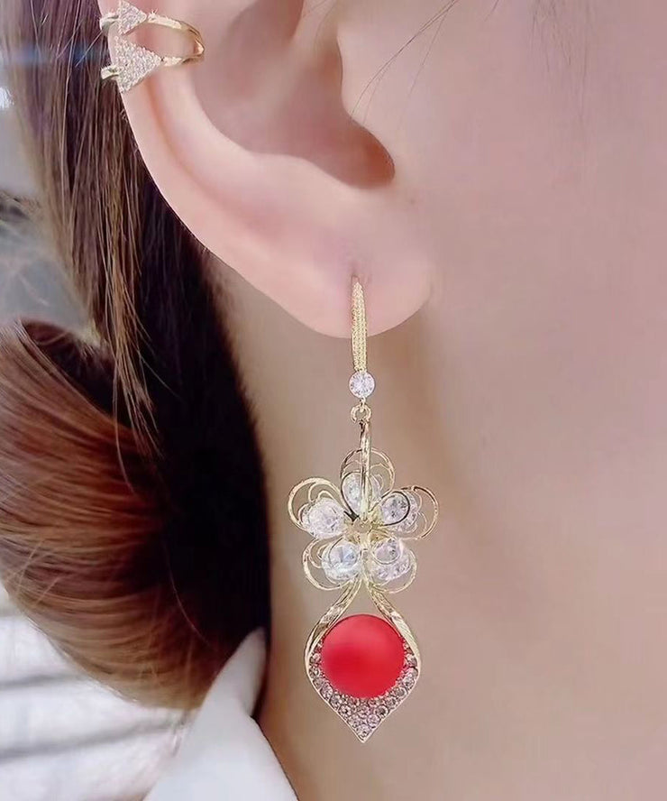 Elegant Red Sterling Silver Overgild Zircon Floral Drop Earrings