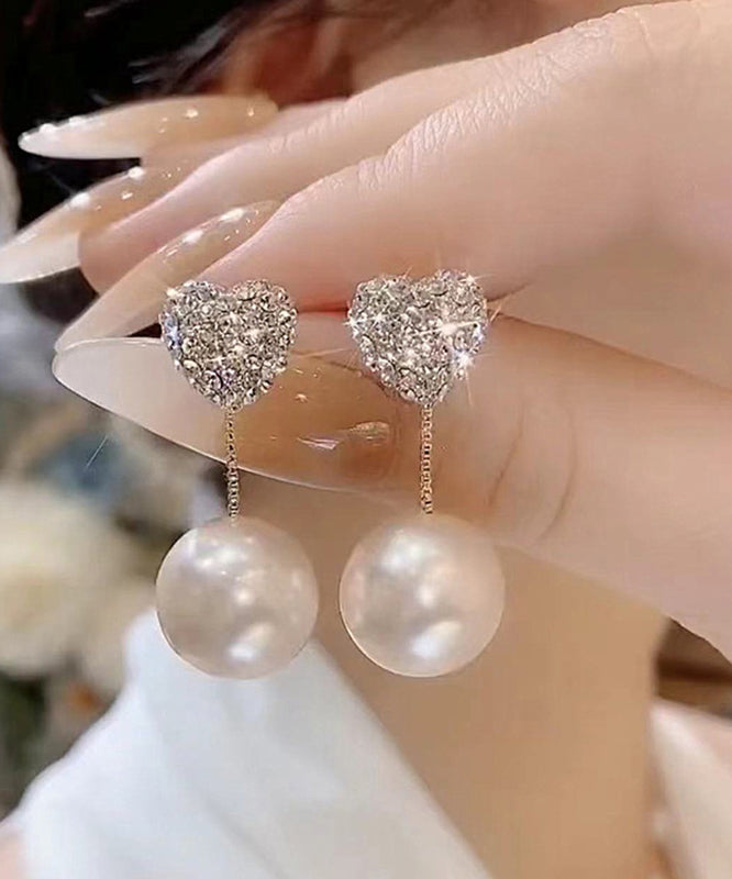 Elegant Red Sterling Silver Zircon Pearl Love Drop Earrings