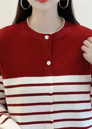 Elegant Red Striped Button Knit Cardigan Fall