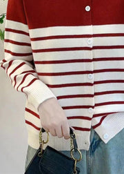 Elegant Red Striped Button Knit Cardigan Fall