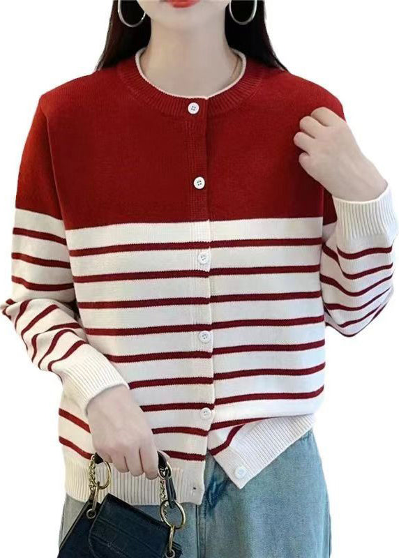 Elegant Red Striped Button Knit Cardigan Fall