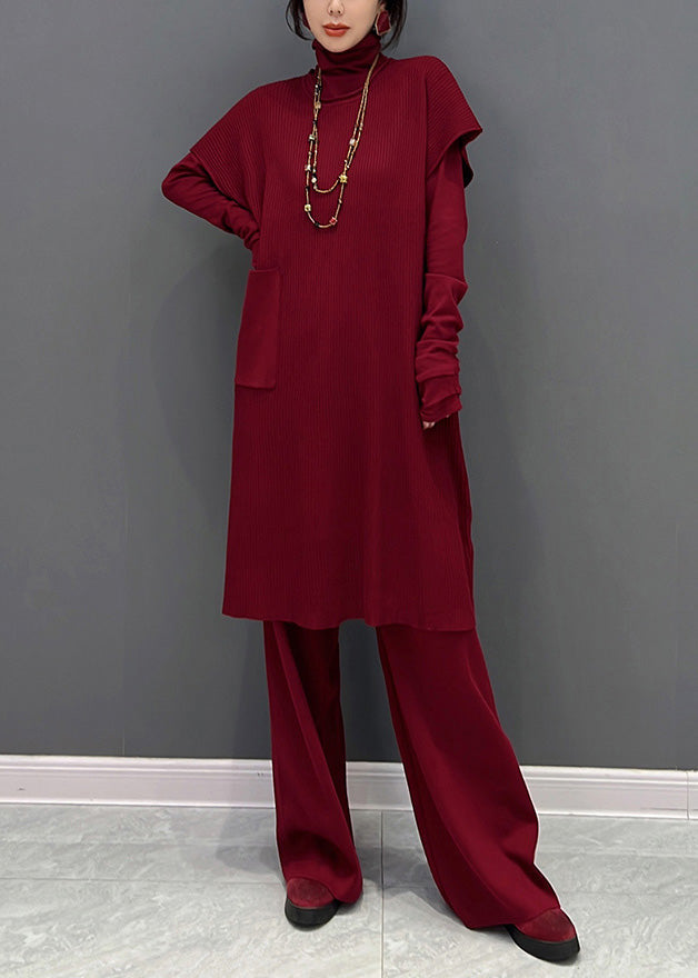 Elegant Red Turtleneck Knit Waistcoat And Pants Two Piece Set Winter