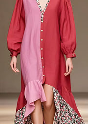 Elegant Red V Neck Button Print Cotton Dress Long Sleeve