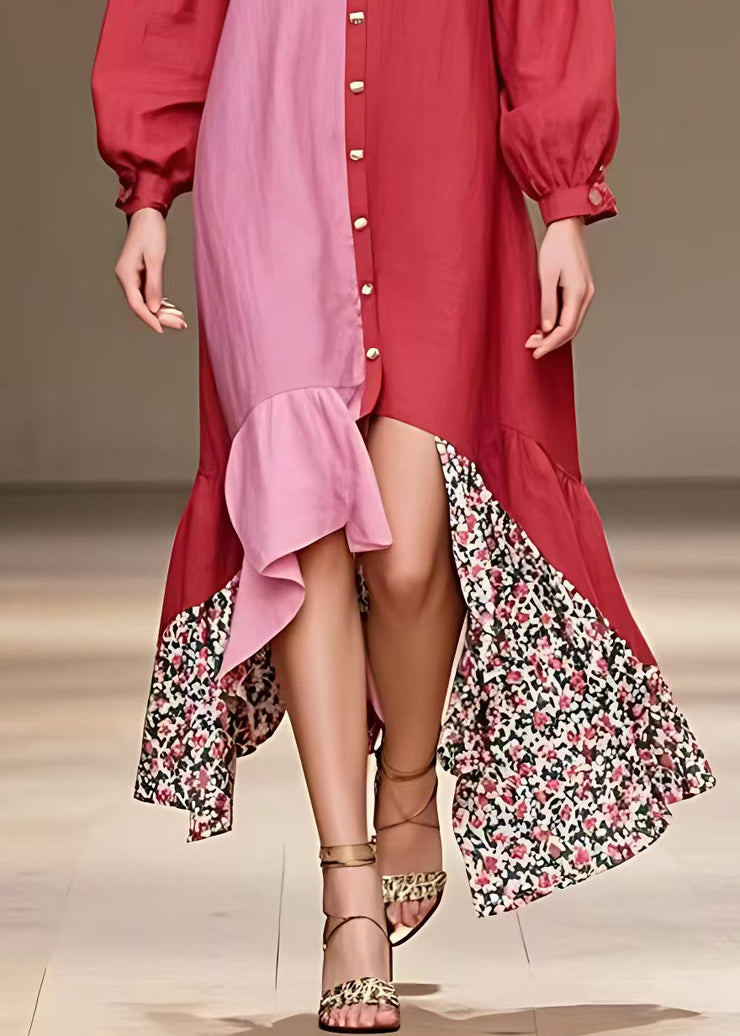 Elegant Red V Neck Button Print Cotton Dress Long Sleeve