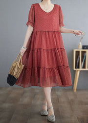 Elegant Red V Neck Dot Print Patchwork Chiffon Dresses Summer