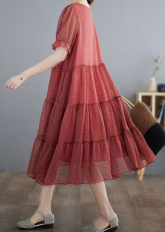 Elegant Red V Neck Dot Print Patchwork Chiffon Dresses Summer