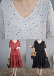 Elegant Red V Neck Dot Print Patchwork Chiffon Dresses Summer