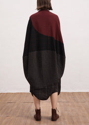 Elegant Red V Neck Plaid Patchwork Linen Dress Batwing Sleeve