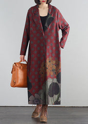 Elegant Red V Neck Print Button Maxi Trench Coats Fall