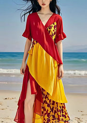 Elegant Red V Neck Print Side Open Cotton Dress Summer