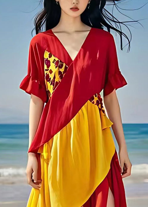 Elegant Red V Neck Print Side Open Cotton Dress Summer