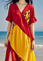 Elegant Red V Neck Print Side Open Cotton Dress Summer