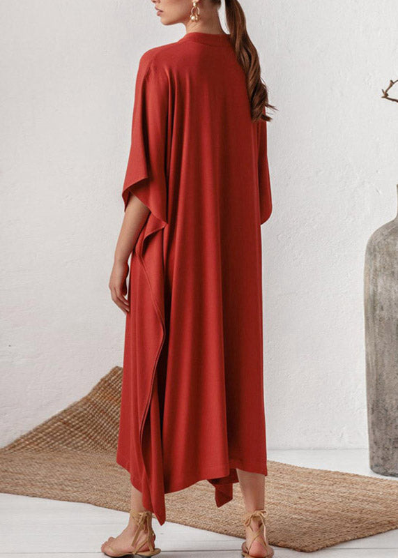 Elegant Red V Neck Side Open Solid Party Long Dress Summer